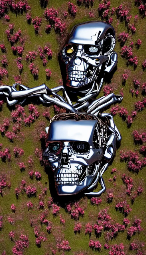 Prompt: destroyed terminator lying in a field of flowers, twisted metal, chrome, reflections, anthropomorphic, photorealism, smoke, metal, 8 k, surreal, wires, smooth, sharp focus, top view, extremely detailed, hyperrealism, elegant, establishing shot, by jeff koons, artgerm and greg rutkowski