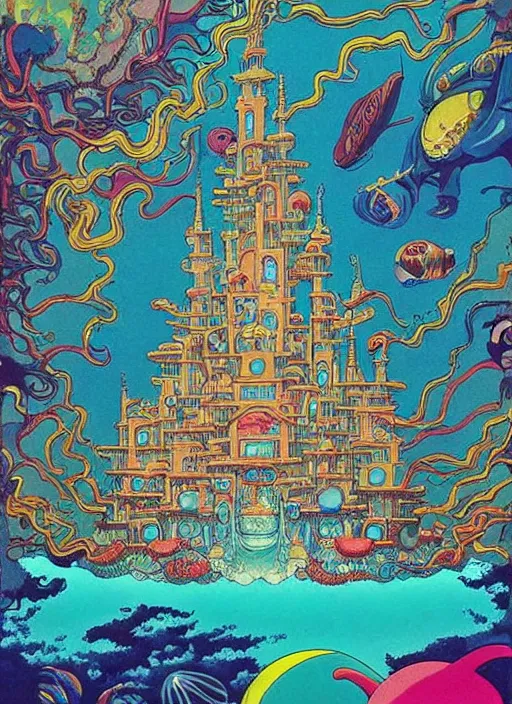 Prompt: 70s vintage anime illustration by Studio Ghibli and by James Jean, underwater carnivals filled with bubbling abstraction by Jeffery Smith by Mati Klarwein, underwater Atlantis castle is hyper detailed, bright bold colors, a surreal magical aura surrounds this temple