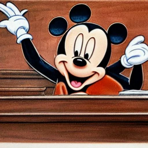 Image similar to detailed background courtroom sketch of vintage disney character mickey mouse presenting evidence of copyright infringement to the judge bench court room wooden serious dark tone