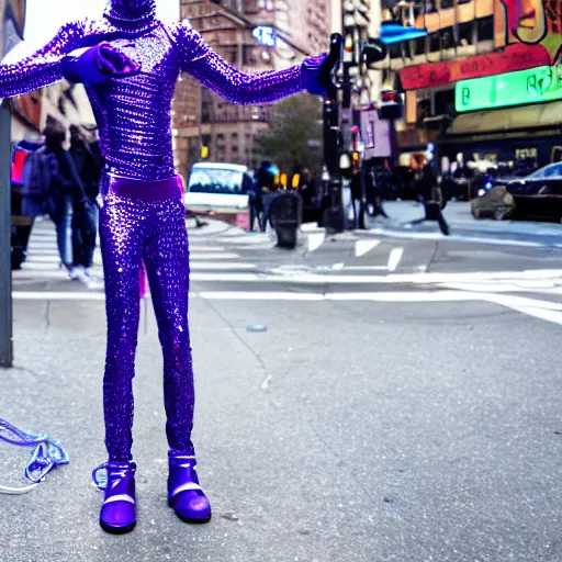 Image similar to nyc street photo, a futuristic android with limbs made out of stretchy rubber tubing mixed with shiny colorful giant intricate detailed chrome gauntlets and chest piece and discoball mask, wearing a long purple velvet cape, talking on a payphone, fog and mist