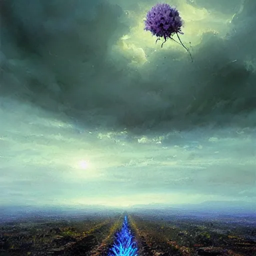 Image similar to Single blue magical flower growing on an ashen field, apocalyptik city, flower, clouded sky, oil painting, by Greg Rutkowski