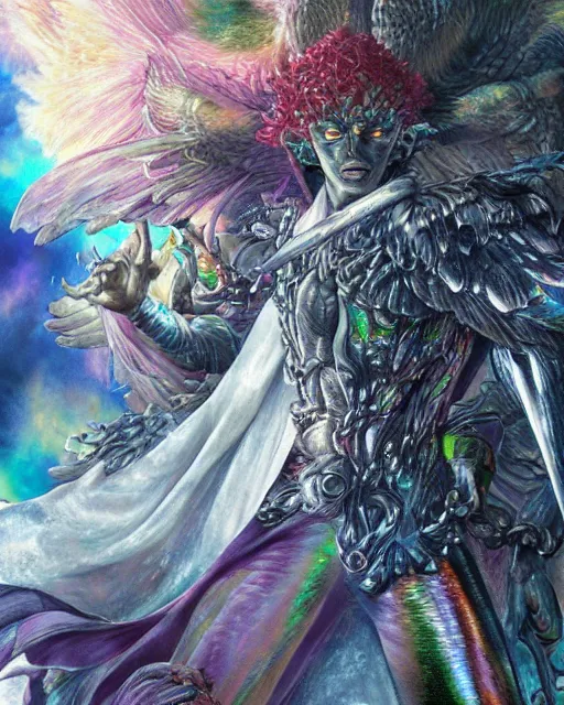 Image similar to realistic detailed image of ultra wrathful rainbow diamond iridescent mega griffith from berserk, depth perception, depth of field, action horror by ayami kojima, neo - gothic, gothic, part by adrian ghenie and gerhard richter. art by kentaro miura. masterpiece