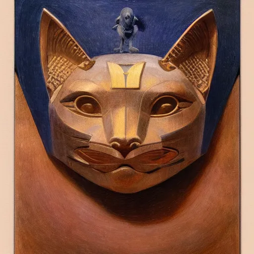 Image similar to masterpiece sculpture of a robot cat head mask, by annie swynnerton and diego rivera and nicholas roerich and jean delville, symbolist, dramatic lighting, god rays, elaborate geometric ornament, art brut, rich colors, smooth, sharp focus, extremely detailed, adolf wolfli and ( donato giancola )