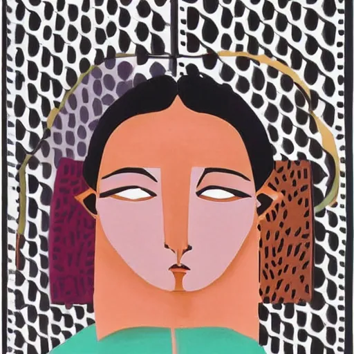 Image similar to a beautiful print. she has deeply tanned skin that makes me think of oort, an almond asian face and a compact, powerful body. by camille walala offhand, uneven