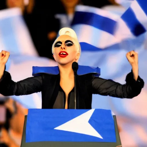 Image similar to Lady Gaga as president, Argentina presidential rally, Argentine flags behind, bokeh, giving a speech, detailed face, Argentina