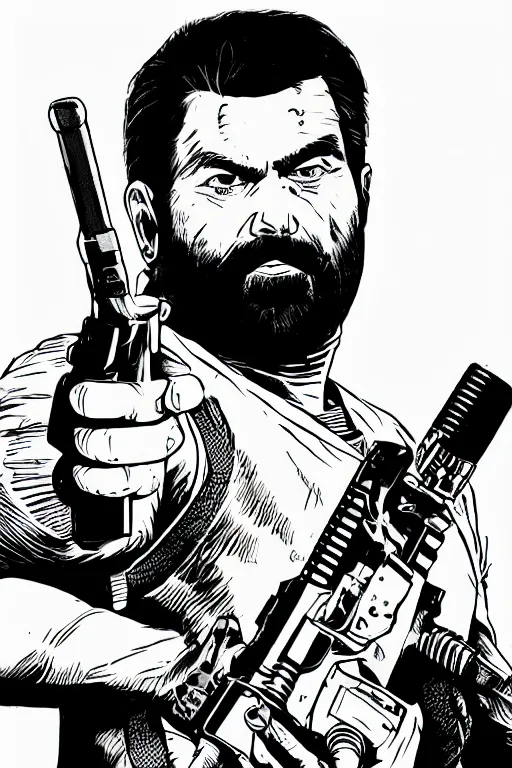 Image similar to billy mays holding a gun, a page from cyberpunk 2 0 2 0, style of paolo parente, style of mike jackson, adam smasher, johnny silverhand, 1 9 9 0 s comic book style, white background, ink drawing, black and white, colouring pages