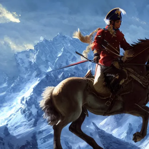 Prompt: Napoleon Crossing the Alps riding a wolf, atmospheric lighting, by Makoto Shinkai and Ruan Jia