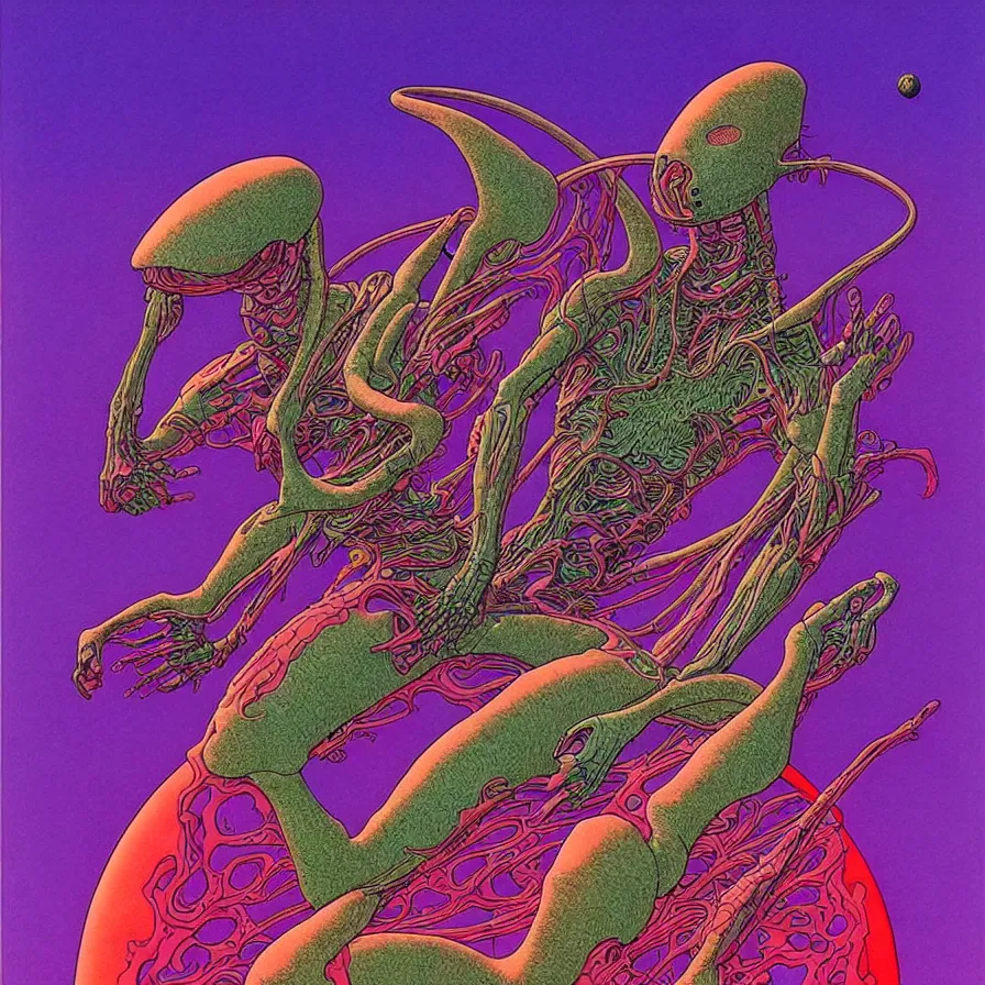 Image similar to ( ( ( ( a humanoid creature from another planet. ) ) ) ) by mœbius!!!!!!!!!!!!!!!!!!!!!!!!!!!, overdetailed art, colorful, artistic record jacket design