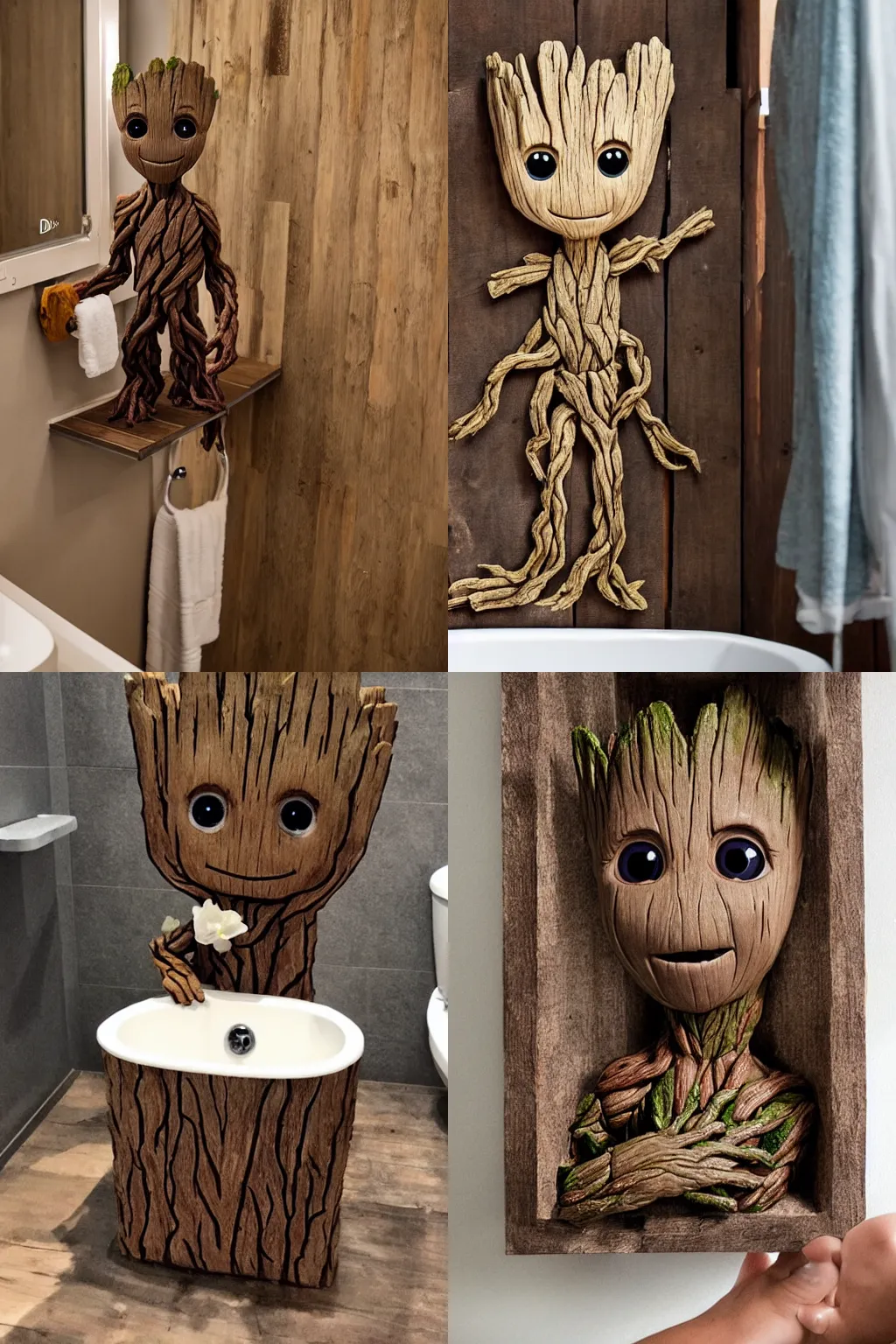 Prompt: little cute Groot lies in a bathroom made of wood, by disney plus