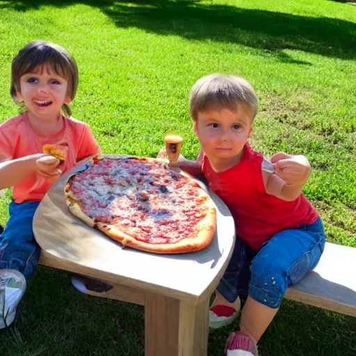 Prompt: gabriel and dresden eating pizza, outside park, sunny day, kids playing