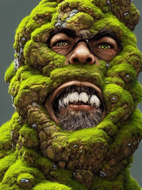Prompt: rock monster covered in moss with a moss beard!!, dnd, highly detailed, detailed face, manga illustration, by artgerm, greg rutkowski, alphonse mucha