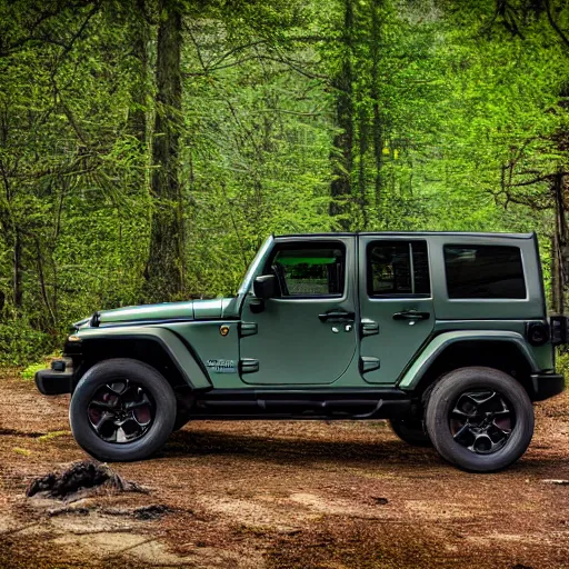 Image similar to a view from the driver side of a jeep wrangler in the woods, 4k, high detail, high-resolution photograph, professional photography, ultra-detail