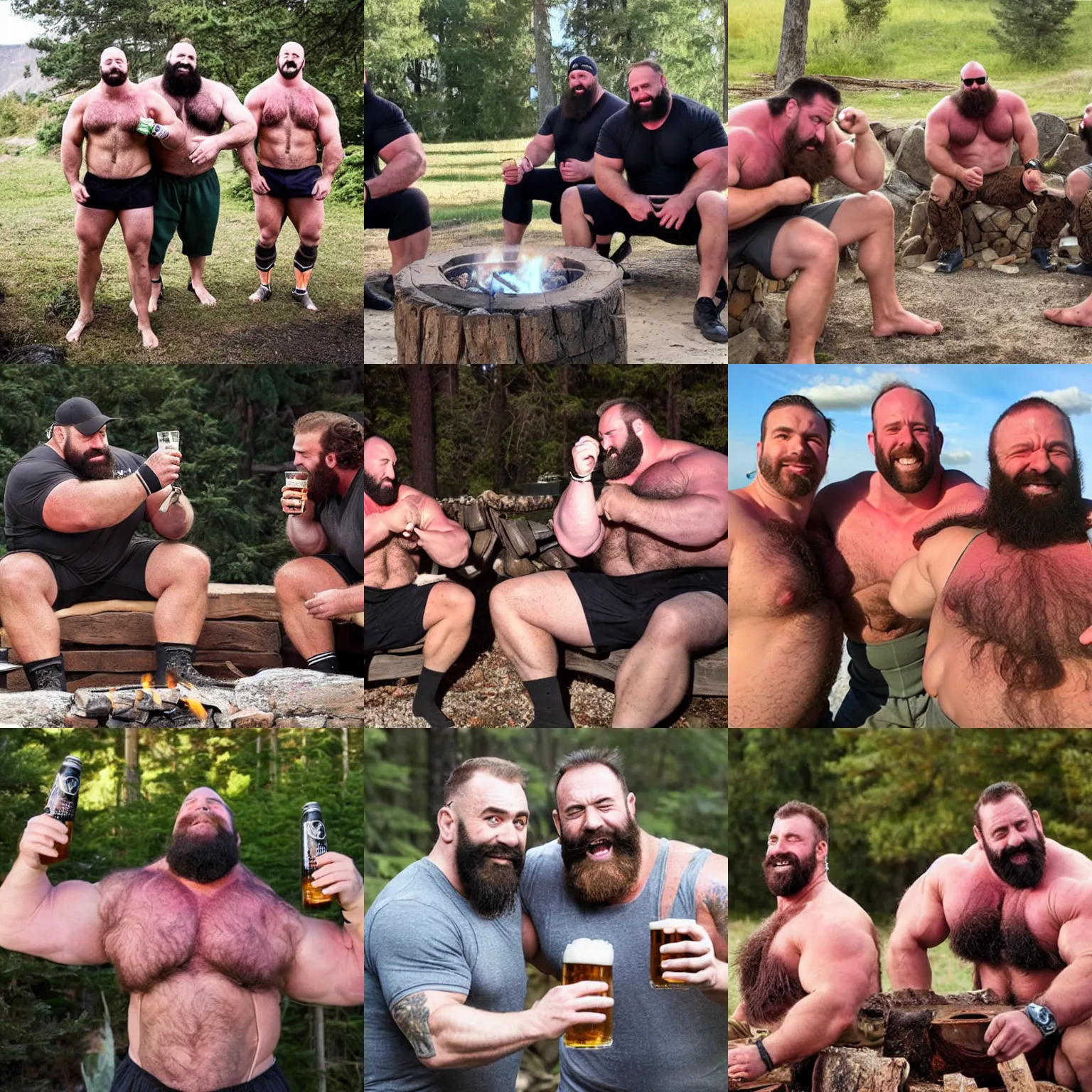 Prompt: hairy burly strongmen brothers, drinking beer around the fire and looking at you