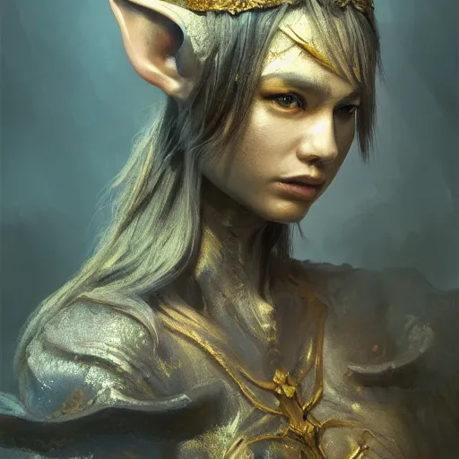 Prompt: portrait painting of an elf like humanoid with grey skin and sharp dogtooth, dark fantasy, medieval, painted, intricate, volumetric lighting, rich deep colours masterpiece, golden hour, sharp focus, ultra detailed, by ruan jia