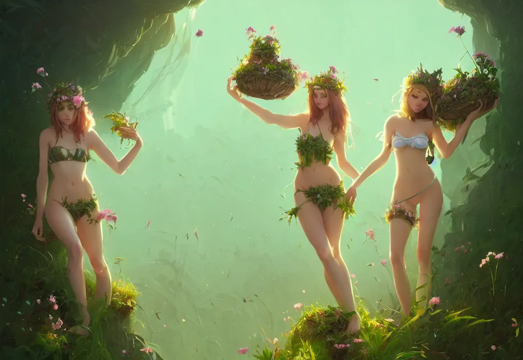 Image similar to two beautiful fairy women with crown of flowers in plants bikini, fantasy, by atey ghailan, by greg rutkowski, by greg tocchini, by james gilleard, by joe gb fenton, dynamic lighting, gradient light green, brown, blonde cream and white color in scheme, grunge aesthetic