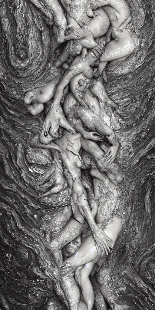 Image similar to beautiful human bodies intertwined, 3 d fractals, mandelbulb, dripping wet, skin, highly detailed, hyperrealism, cinematic