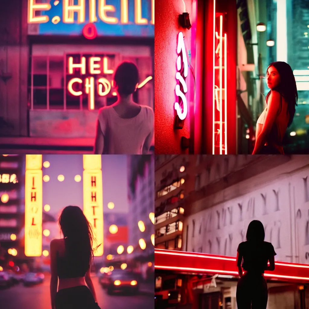 Prompt: A photorealistic photography of a woman from the back. In the background there is a red neon sign that says HOTEL. Neo noir style. High quality. Cinematic. Extreme Swirly bokeh. Cinestill 800T film. Lens flare. Detailed.