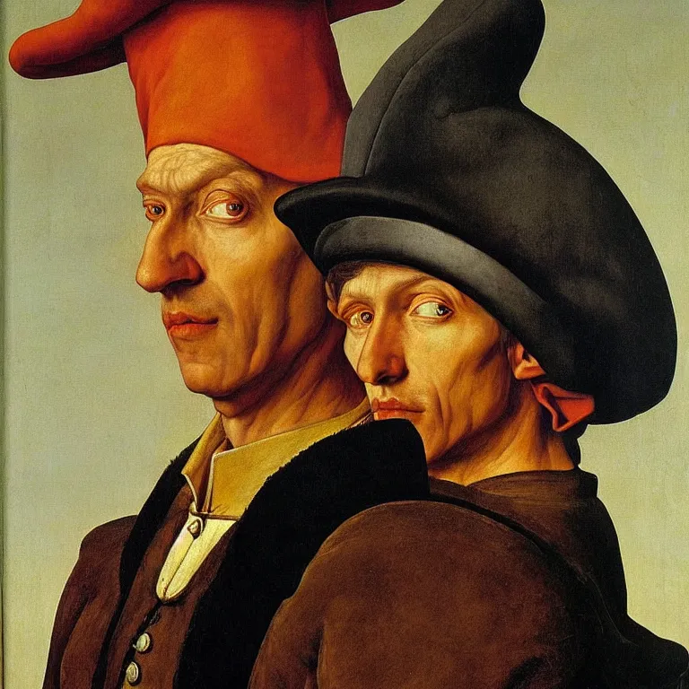 Image similar to 3/4 bust portrait of a shifty high fantasy elf sheriff by Jan van Eyck