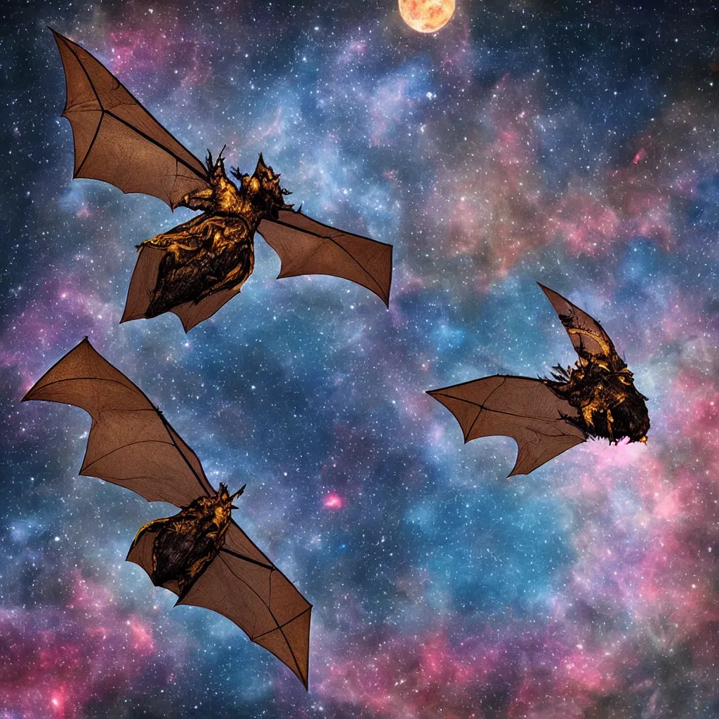 Image similar to huge demonic moth bat hyrbrid, flying into the midnight sun, in the shade of the cosmic nebula sun in the backdrop, photo pic by wispy in horrors