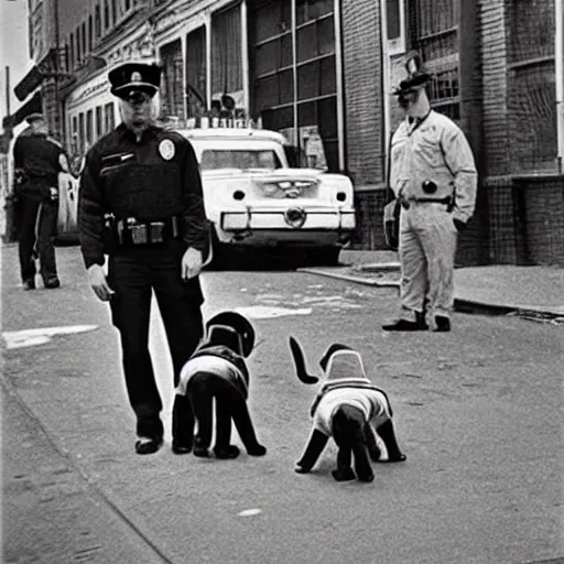 Image similar to paw patrol as cops in new york city, old historical photograph, 1 9 6 5, on the streets of harlem, artistic, gritty, heroic