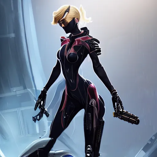 Image similar to A combination of Ada Wong's and Grace Kelly's and Ashley Greene's appearances with blonde hair wearing Warframe armor, high tech, action shot, angular, full body portrait, futuristic, dramatic, fantasy, intricate, elegant, highly detailed, digital painting, artstation, concept art, matte, sharp focus, illustration, 8K, art by Donato Giancola and James Gurney