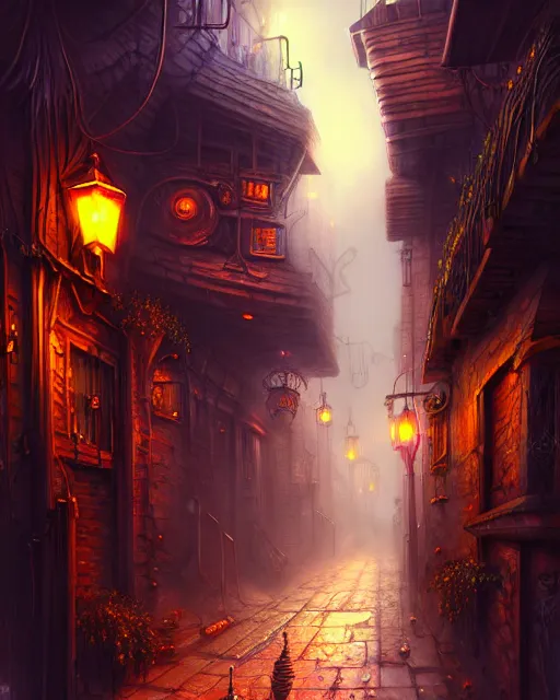 Image similar to street view of an otherworldly alley in the planescape city named sigil, crowded, beautiful digital painting in the style of wlop, volumetric lightning, intricate details, ultra realistic, by art germ, by gerard brom, steampunk, fantasypunk, deep colors, amazing d & d art, trending cgsociety, artstation, sharp