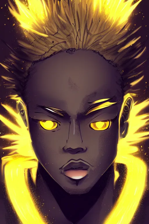 Image similar to golden glowing black male anime character, blonde hair, yellow eyes, symmetrical, highly detailed, digital art, sharp focus, trending on art station, crazy hair, electricity everywhere