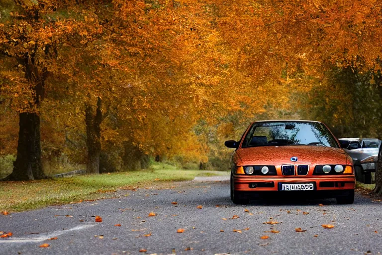 Image similar to A BMW e36 parked in a road with trees, autumn season, Epic photography, taken with a Canon DSLR camera, 250 mm, depth of field