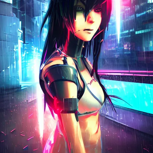 Prompt: 3 d digital cyberpunk anime!!, shattered cyborg - body, cyborg - girl, lightning, raining!!, water refractions!!, black red fade long hair!, biomechanical details, neon background lighting, reflections, wlop, ilya kuvshinov, artgerm