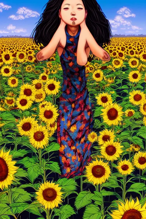 Image similar to yuuka kazami woman standing in a sunflower field, detailed upper body, beautiful face, detailed eyes, by dan mumford, trending on artstation, psychedelic, lsd