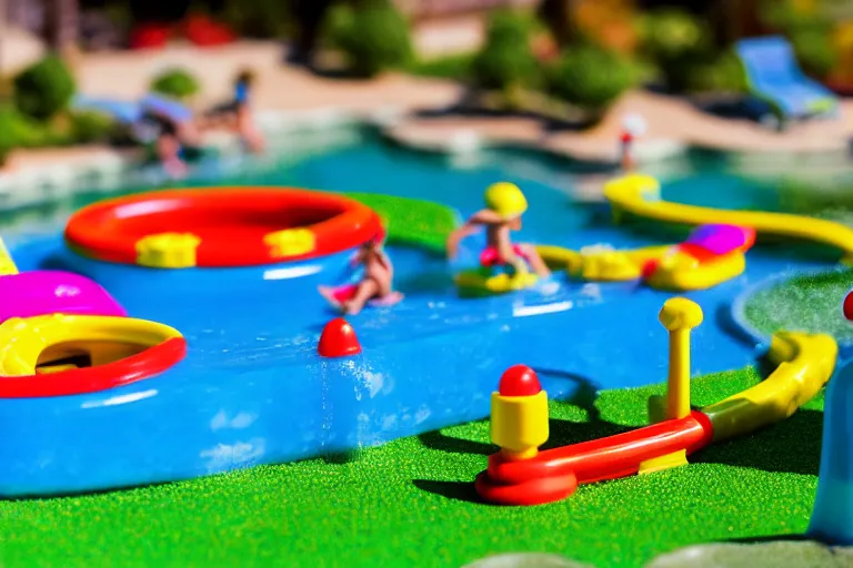 Image similar to fisher price public pool, california, in 2 0 1 5, perfect sharp focus, scene from tv show hyper detailed 5 5 mm 8 5 mm, toy photography, made out of plastic