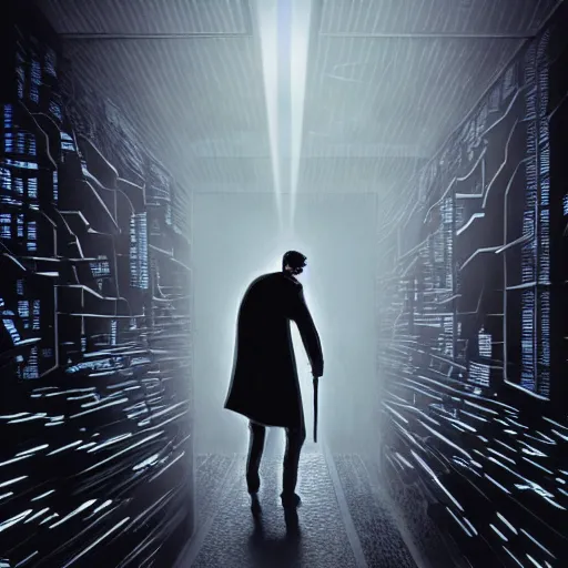 Image similar to a man walking into the matrix, concept art, illustration, highly detailed, artwork