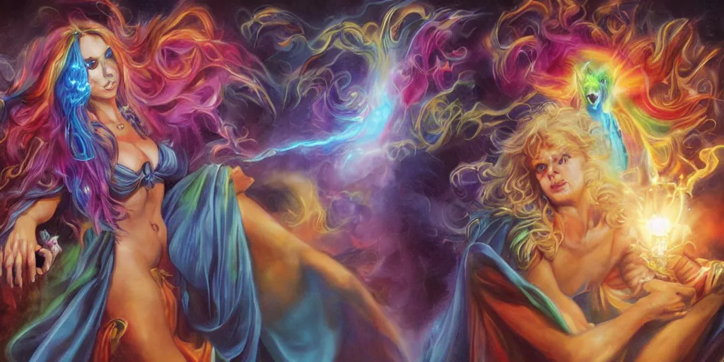 Prompt: Magic sorceress with rainbow sparkling robe, creepy dogs, Boris Vallejo, Julie Bell, Artgerm