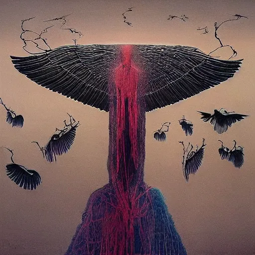 Prompt: One day, I am going to grow wings, a chemical reaction, hysterical and useless., radiohead album art cover, A photography portrait by Stanley Donwood and Zdzislaw Beksinski