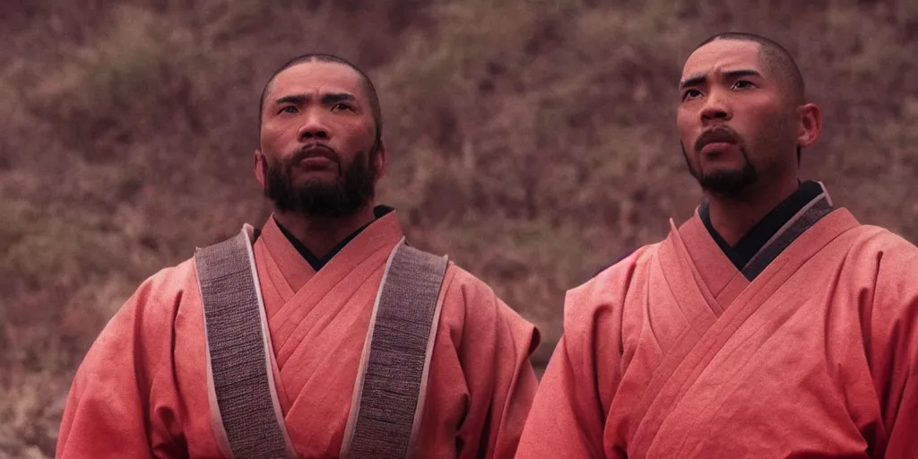 Image similar to a film still of a light skinned black man starring as an ancient samurai in a japanese blockbuster film, the sky is red, shallow depth of field, cinematic, award winning cgi, vfx, film still