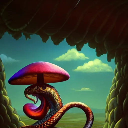 Prompt: shoulder up Portrait of a hyper realistic scary snake smoking an anime cigarette, mushroom hut in background , cel animation by Tokyo Movie Shinsha and Greg rutkowski, psychedelic, post-processing , IMAX , vibrant colors , award-winning masterpiece 20 years in the making