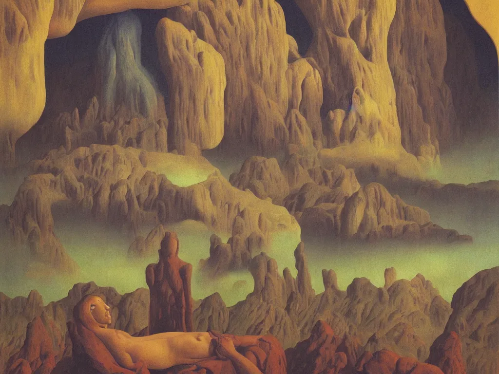 Prompt: Aurora night, sweaty mountain, the antler people, giant raindorps, African mask, acid rains. The sacred nipple, Fata morgana above the oasis. The cave of caving in to carnal desires. Painting by Rene Magritte, Jean Delville, Max Ernst, Maria Sybilla Merian