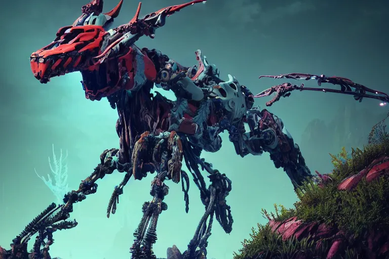 Image similar to a hyper detailed fanghorn evangelion realistic mechanical and organic creature similar look as horizon forbidden west horizon zero dawn, bioluminiscence in a dark deep forest at dawn in spring, with reflection and textures, by kilian eng, substance painter reaslitic mech surface metal painted scratches,