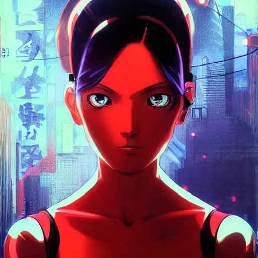 Image similar to A beautiful cyborg woman with big and cute eyes || ANIME, fine-face, red and black robotic parts, realistic shaded perfect face, fine details. Anime. realistic shaded lighting poster by Ilya Kuvshinov katsuhiro otomo ghost-in-the-shell, magali villeneuve, artgerm, Jeremy Lipkin and Michael Garmash, Rob Rey and Kentarõ Miura style, trending on art station