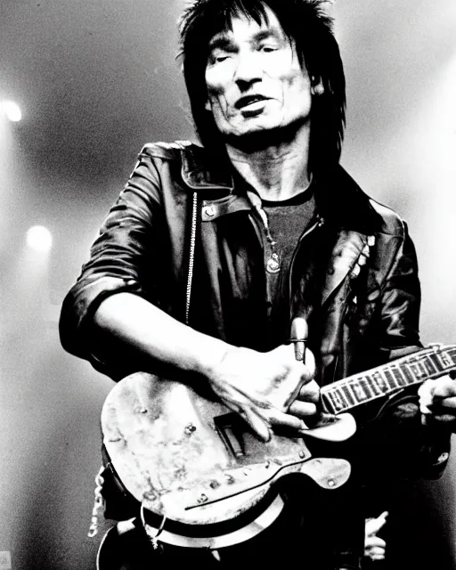 Image similar to sixty years old viktor tsoi with guitar in his hands, leather jacket, photo, microphone, rock concert, black and white, iso 6 0 0, 3 5 mm, codac gold