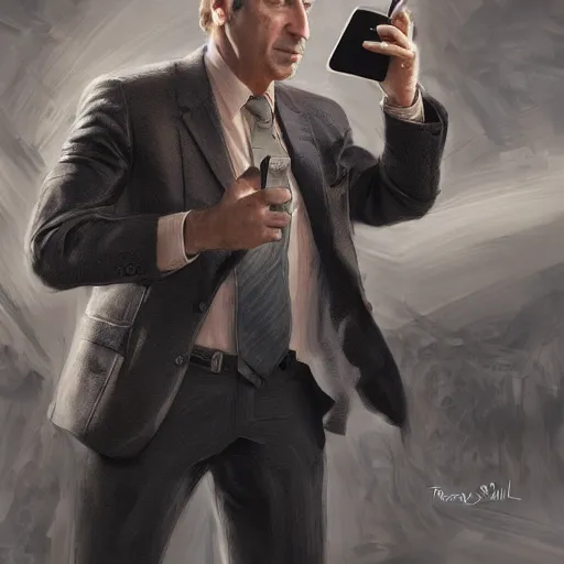 Image similar to Movie still of Saul Goodman in a mech holding a phone, fantasy, highly detailed, digital painting, artstation, concept art, sharp focus, illustration, art by Tony Sart and artgerm and randy vargas