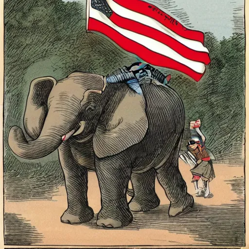 Prompt: Clarence Thomas and Samuel Alito riding a red elephant holding an American flag with its trunk while trampling the grave of Ruth Bader Ginsburg