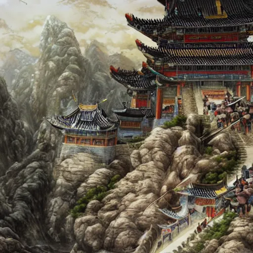 Image similar to dynamic composition, motion, ultra-detailed, incredibly detailed, a lot of details, amazing fine details and brush strokes, colorful and grayish palette, smooth, HD semirealistic anime CG concept art digital painting, watercolor oil painting of epic castle gate, from Three Kingdoms, by a Chinese artist at ArtStation, by Huang Guangjian, Fenghua Zhong, Ruan Jia, Xin Jin and Wei Chang. Realistic artwork of a Chinese videogame, gradients, gentle an harmonic grayish colors.