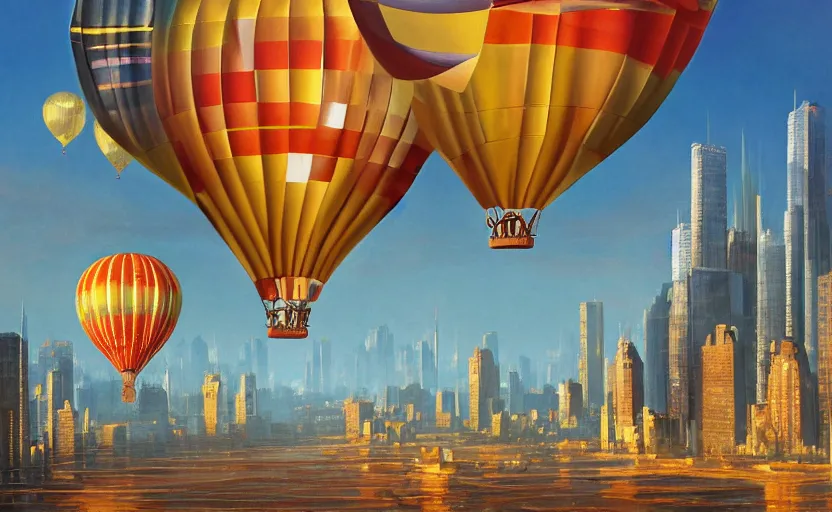 Image similar to hyperdetailed baloons made of liquid chrome floating over a cityscape at golden hour, by vladimir kush, by jeff koons, 8k resolution, realistic shadows, rendered in octane, hyperdetailed, meticulous, intricate