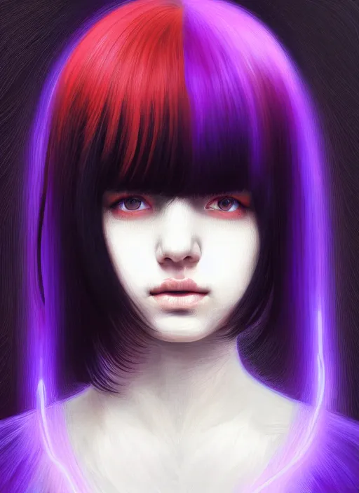 Image similar to hair whitebangs hair, black hair, whitebangs, portrait of teenage girl with white bangs, red irises, purple clothes, white bangs, bangs are different color from hair, intricate, elegant, glowing lights, highly detailed, digital painting, artstation, concept art, smooth, sharp focus, illustration, art by wlop, mars ravelo and greg rutkowski