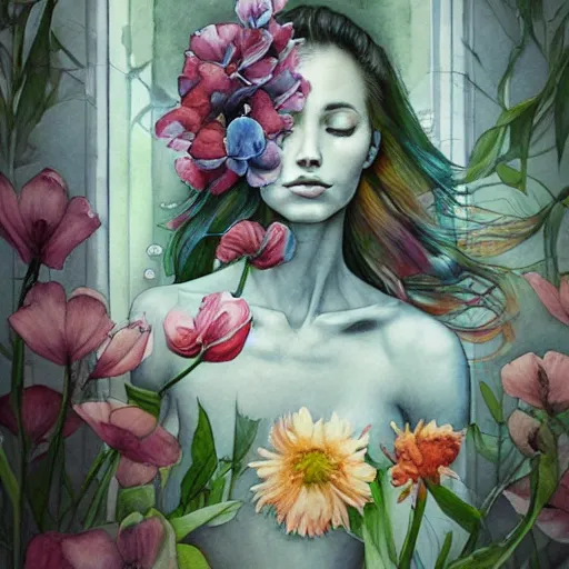 Image similar to watercolor bathroom with flowers by anna dittmann, by marco mazzoni, by stephanie law,