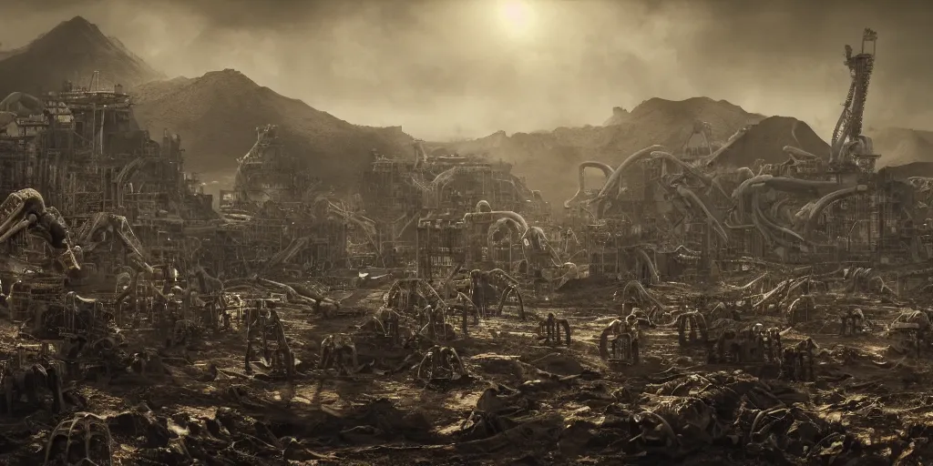 Prompt: An industrial assembly line of skeleton robots, dark, gritty, crammed space, volcanic machinery, ashlands, sketch, realistic 4k octane beautifully detailed render, 4k post-processing, highly detailed, intricate complexity, epic composition, magical atmosphere, cinematic lighting, masterpiece, ultra hd