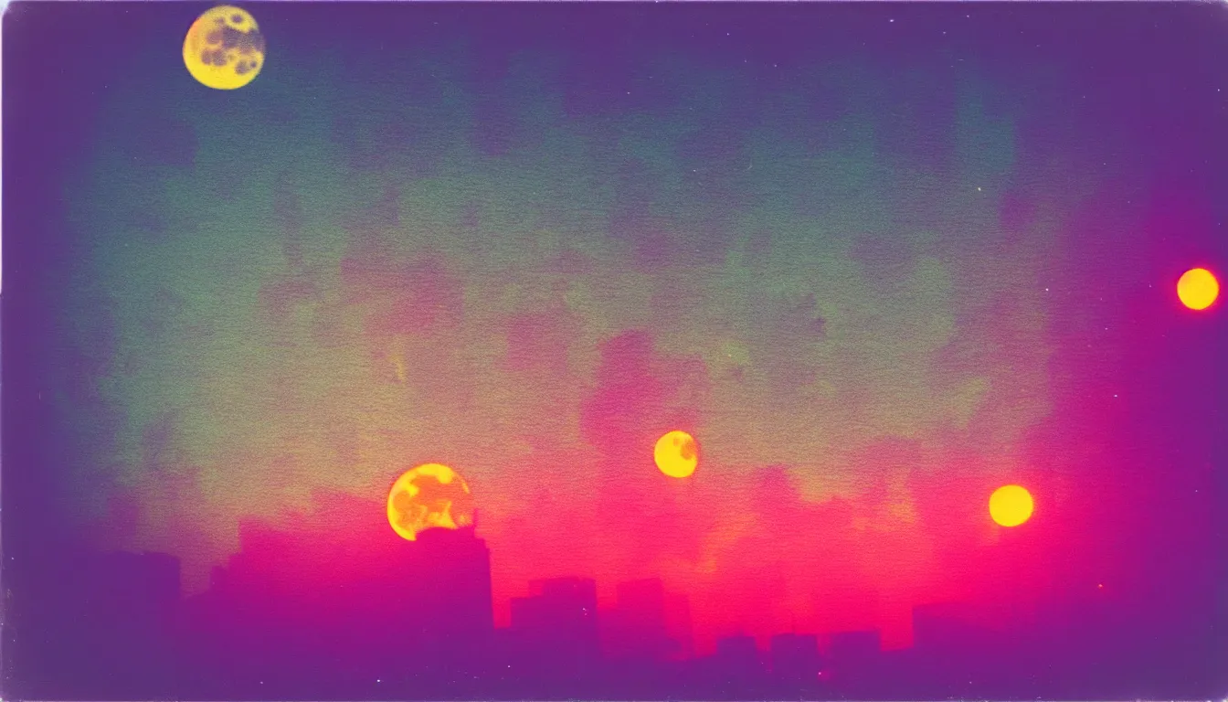 Image similar to colorful instant photograph of the moon in a city at night, polaroid, light leak, raw, nostalgic