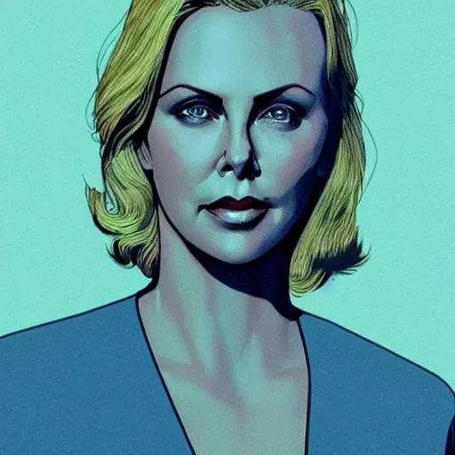 Prompt: “ charlize theron retro minimalist portrait, moebius, by jean giraud, 8 k ”