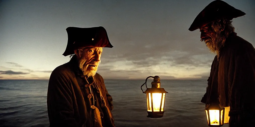 Image similar to film still of closeup old man holding up lantern by his beach hut at night. pirate ship in the ocean by emmanuel lubezki